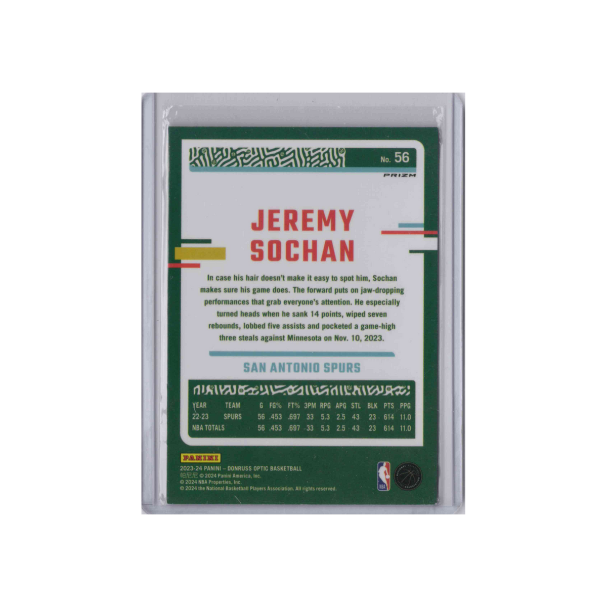 2023-2024 Donruss Optic | Jeremy Sochan #56 | Pink Hyper Prizm