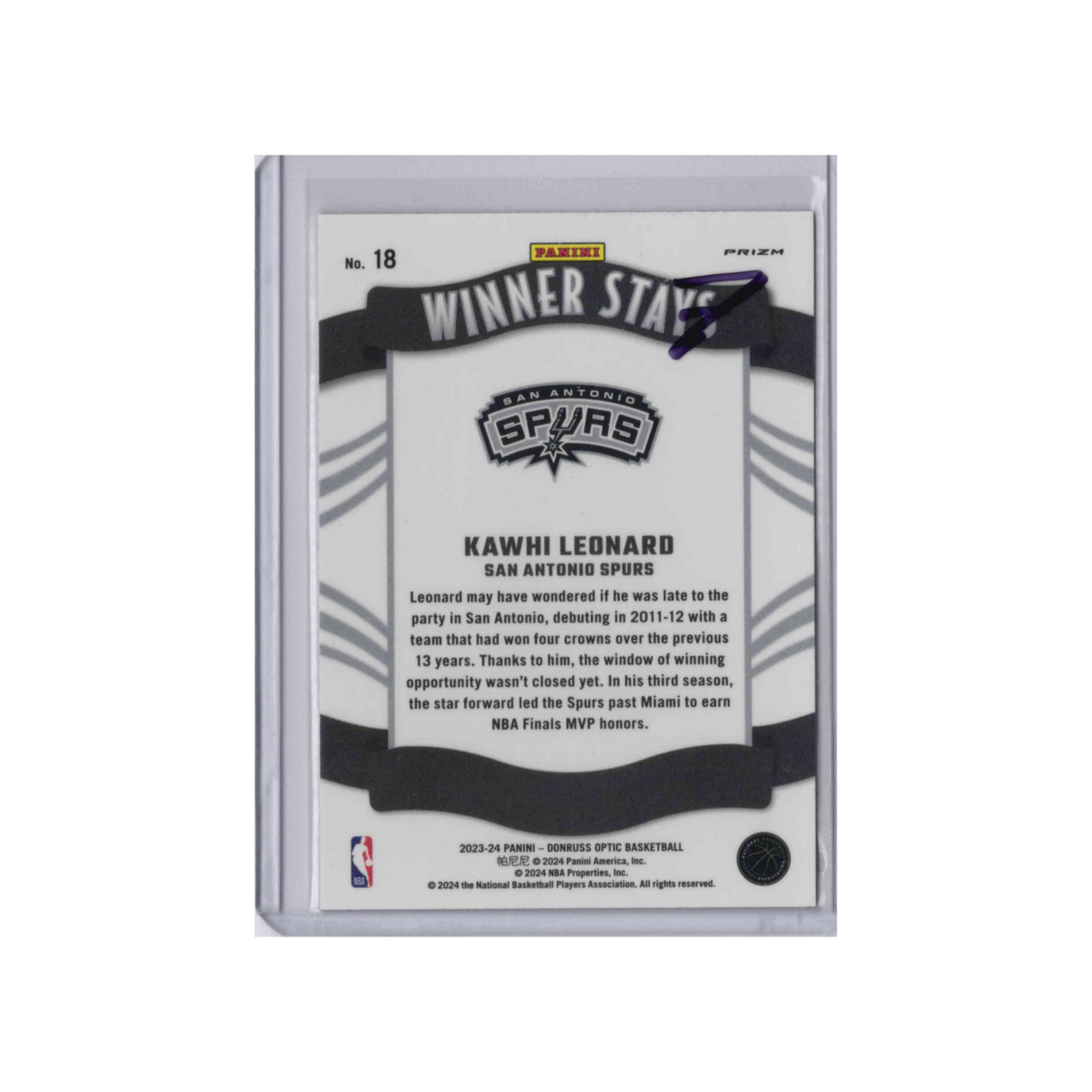 2023-2024 Donruss Optic Winner Stays | Kawhi Leonard #18 | Purple Prizm