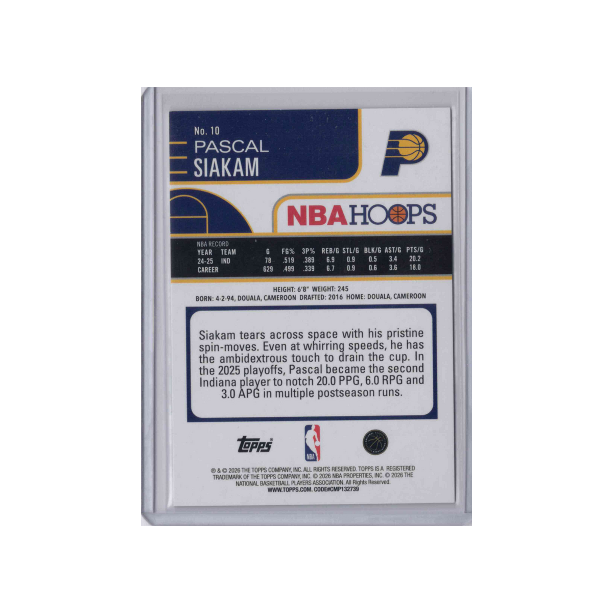 2025-2026 Topps NBA Hoops | Pascal Siakam #10 | Rainbow Blue and Yellow /275