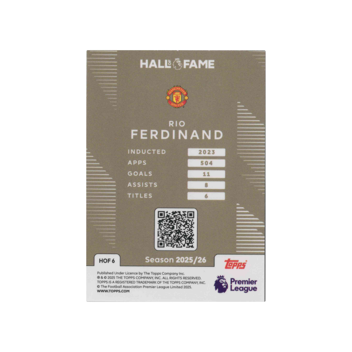 2025-2026 Topps Premier League | Rio Ferdinand #HOF6 | Hall of Fame Limited Edition