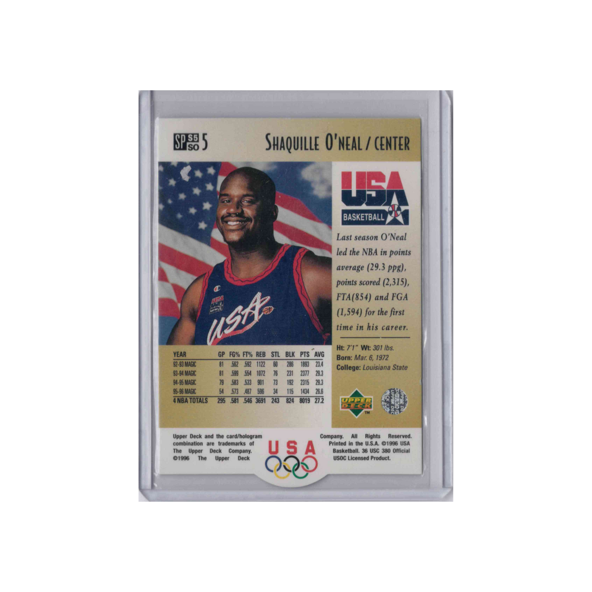 1996 Upper Deck USA Basketball | Shaquille O'Neal #S5 | SP Career Statistics