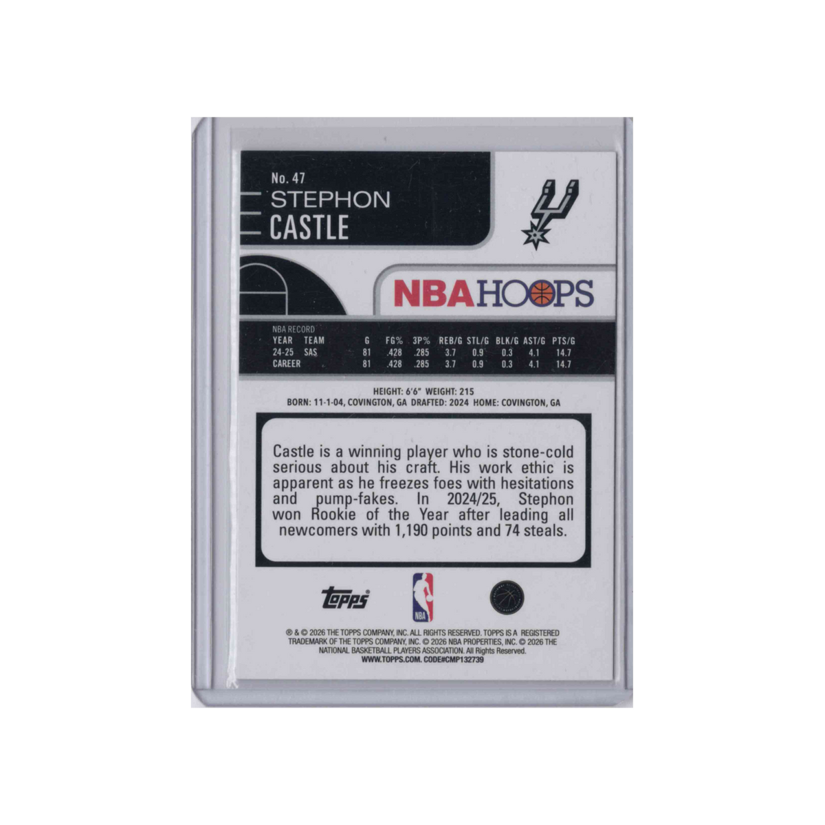 2025-2026 Topps NBA Hoops | Stephon Castle #47 | Base